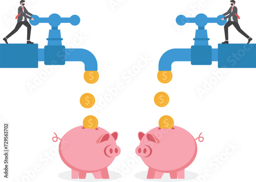 Form of saving money from business income. multi cash flow from pipe into wealthy piggy bank

