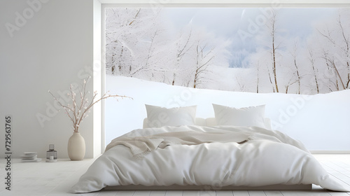  white quilt on white bed with white pillows in the snow