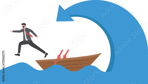 Risks and challenges of business. a businessman jumps out of a boat to escape the arrow waves.