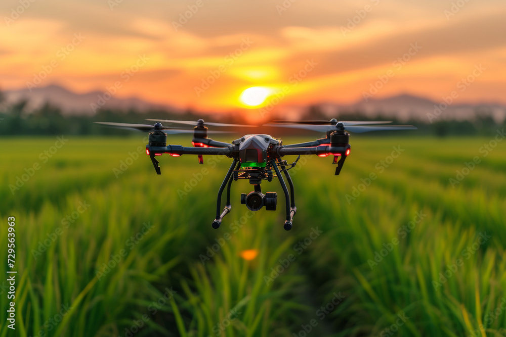 Modern farm with drones. Background with selective focus and copy space Modern farm with drones. Background with selective focus and copy space