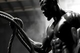 Powerful Bodybuilder in a Gym Training With Heavy Ropes in Black and White