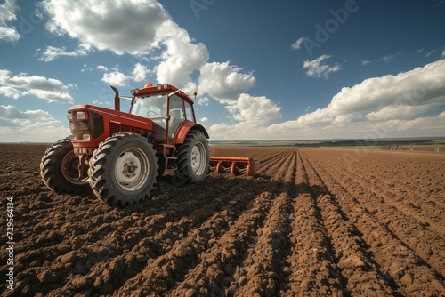 Tractor in the field. Background with selective focus and copy space