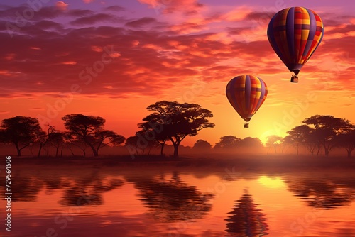 Two hot air balloons ascending against the backdrop of a fiery sunset, wallpaper background