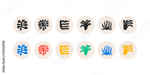 Set of highlights icons with abstract organic shapes. Vector illustration with corals and seaweeds in boho modern style
