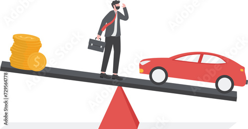 Money and Car, Business Deficit concept. Stressful businessman standing on the unbalanced seesaw between income and Daily Expenses

 photo