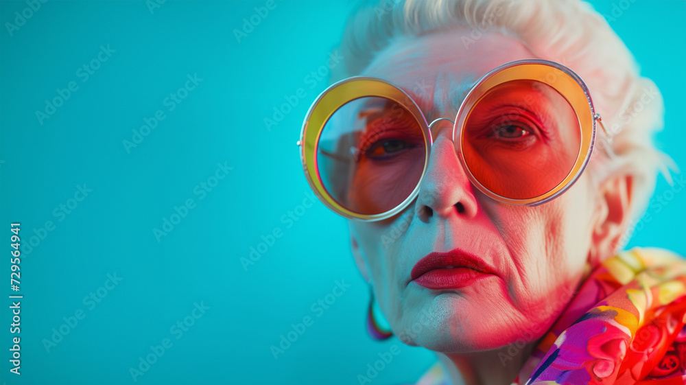 Portrait of good looking senior woman wears spectacles bright makeup looks at camera with pleased expressionisolated over colorful background. People age concept. Image of a beautiful and elegant old 