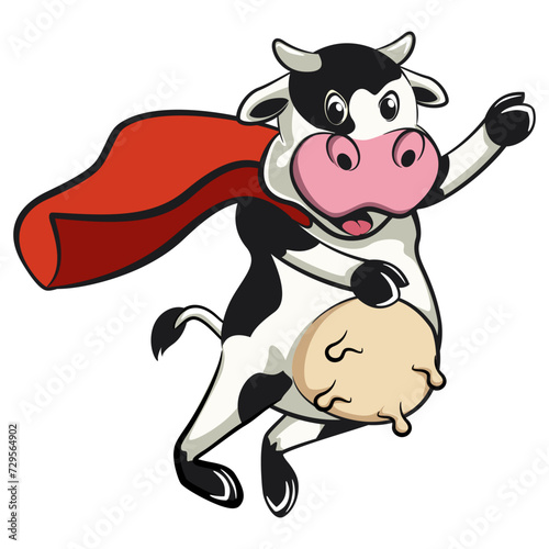 vector isolated clip art illustration of cute cow mascot being superhero with a cape  work of handmade