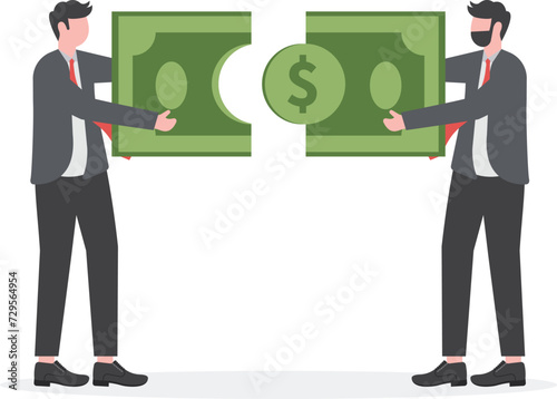 Jigsaw banknotes and Connection. Planning and solving financial puzzles, business metaphor of a joint venture, partnership or teamwork


