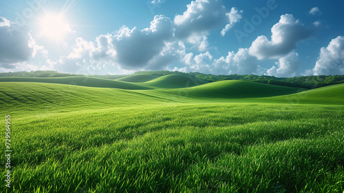 Landscape view of green grass on slope with blue sky and clouds background.