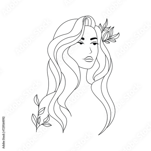 Portrait of a girl with long hair, with flowers in her hair and on her body. Line art.