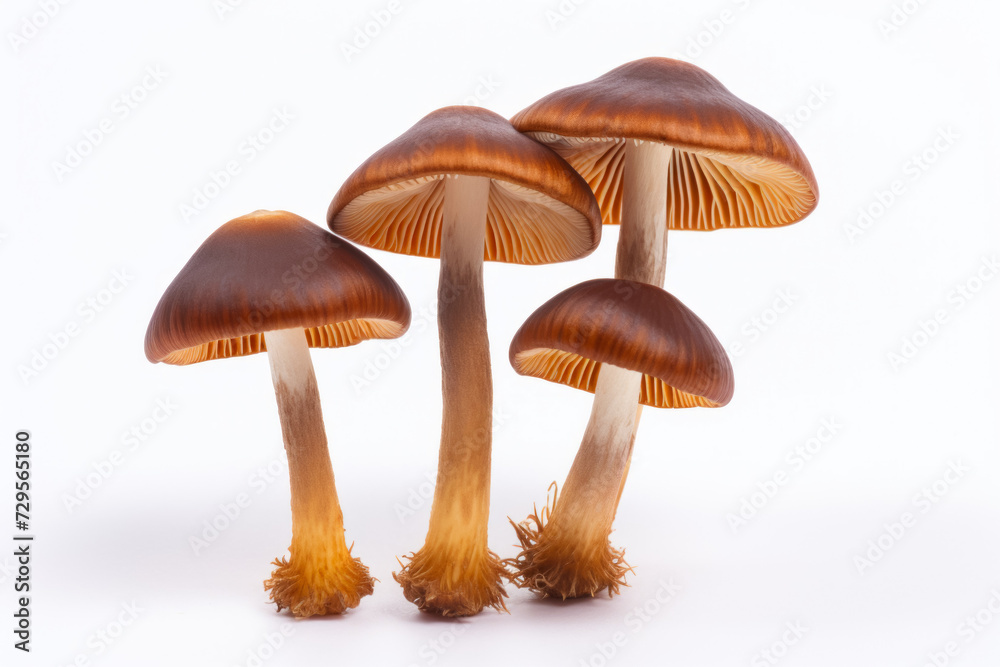 Mushrooms on white, studio advertising light. Background with selective focus and copy space