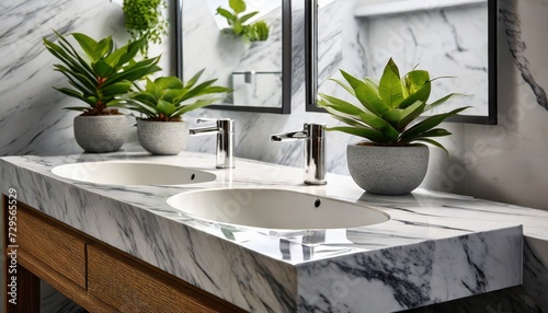 detail of double bathroom sink with white and gray marble top and green potted plant