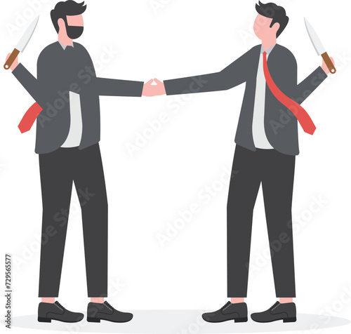 Danger Betray Agreement Concept. Two businessmen shaking hands and holding knives, liar or suspicion fraud, betrayal or disguise deal

