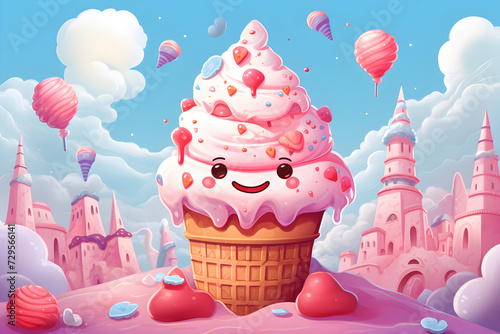 A Pink Ice Cream Cone With A Face On It In A Candy Land