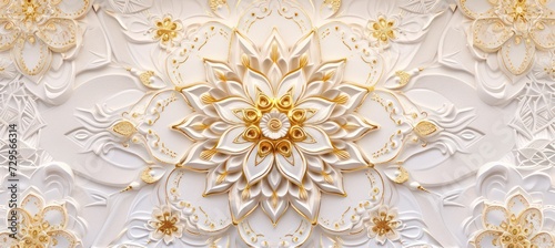 3d wallpaper for ceiling with white and golden mandala decoration model and decorative frame background
