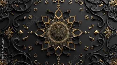 3D wallpaper design for a ceiling featuring a black and golden mandala decoration model against a decorative frame background. photo