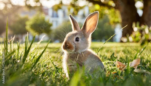 cute little bunny in grass with ears up looking away