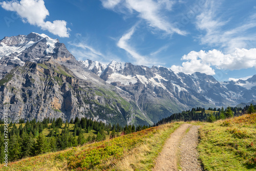 panoramic view of a hiking path with snowy mountains in the background in the Swiss Alps