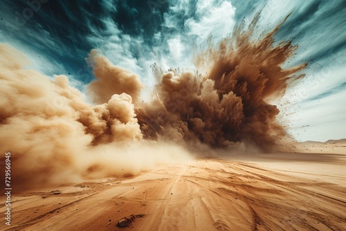 Massive blast echoes, sand swirls in the air. Dangerous detonation triggers chaos, sky obscured by smoke. photo