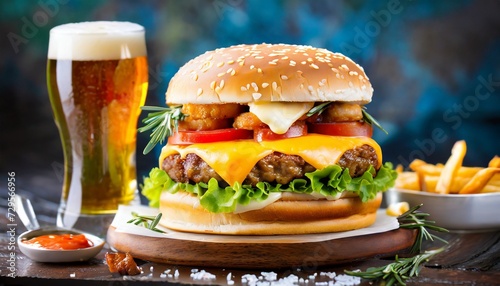 double cheese burger with beer