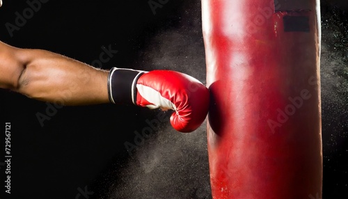 close up hand of boxer at the moment of impact on punching bag over black background