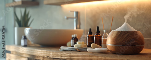 A diffuser spreading fragrant mist in a tranquil bathroom, with sea salt scrubs and essential oil bottles neatly arranged on a wooden shelf, capturing photo