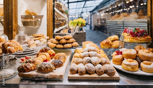 display window of a bakery and pastry shop with assortment of different kinds of freshly baked artisan food authentic urban atmosphere