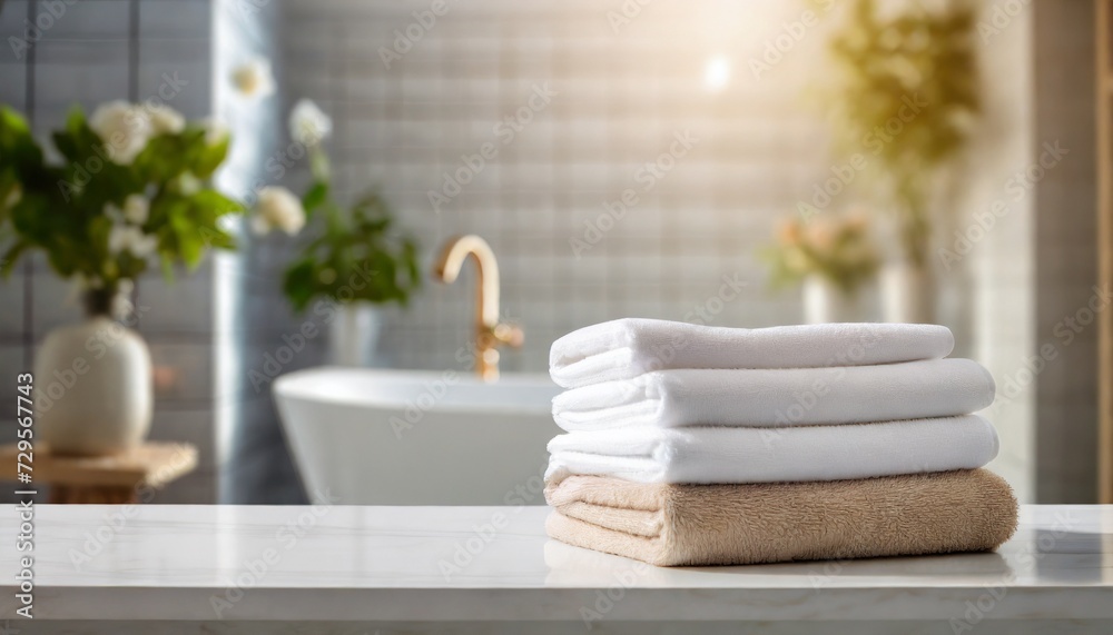 towels on white table with copy space on blurred bathroom background