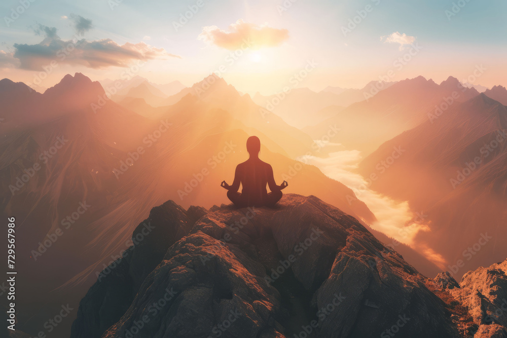 Person meditating on a mountain peak at sunrise amidst a breathtaking natural landscape.
