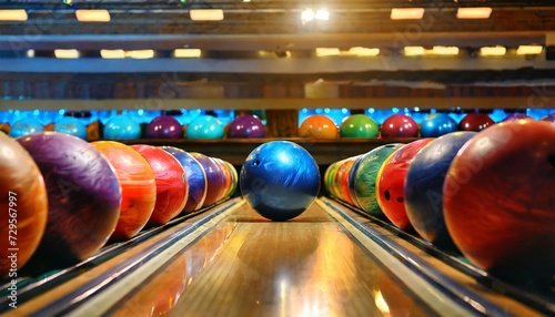 bowling lane and balls in the row in bowling center