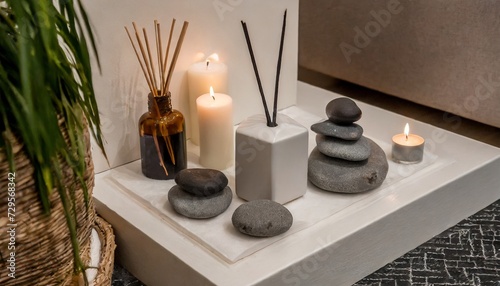 cozy corner for home meditation and relaxation aroma diffuser burning candles stones for comfort pleasure aromatherapy decor for apartment house indoors design