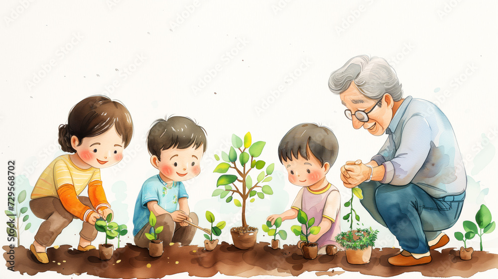 The concept of World Environment Day. Children with grandparents
