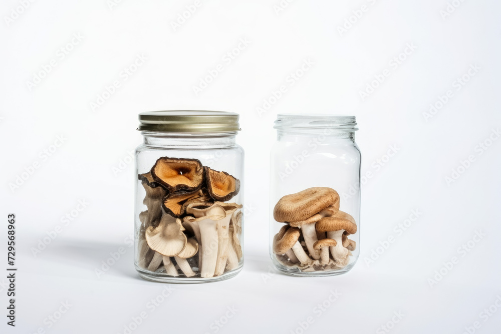Jar for storing mushrooms. Backdrop with selective focus and copy space Jar for storing mushrooms. Backdrop with selective focus and copy space
