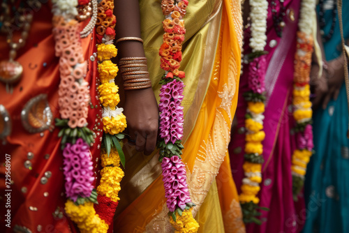 The vibrant colors of traditional Indian clothing worn by participants during the Thaipusam festival, emphasizing the intricate details and textures. Selective focus.