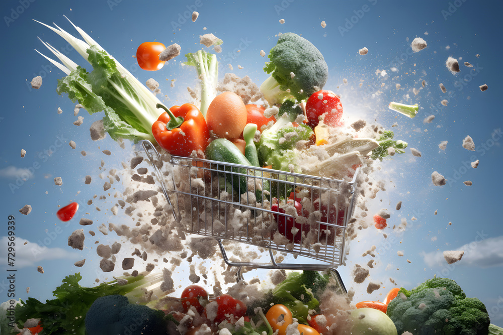 grocery cart with fruits, vegetables and other products from the supermarket flying to the sides on a dark background. food industry grocery cart with fruits, vegetables and other products from the supermarket flying to the sides on a dark background. food industry