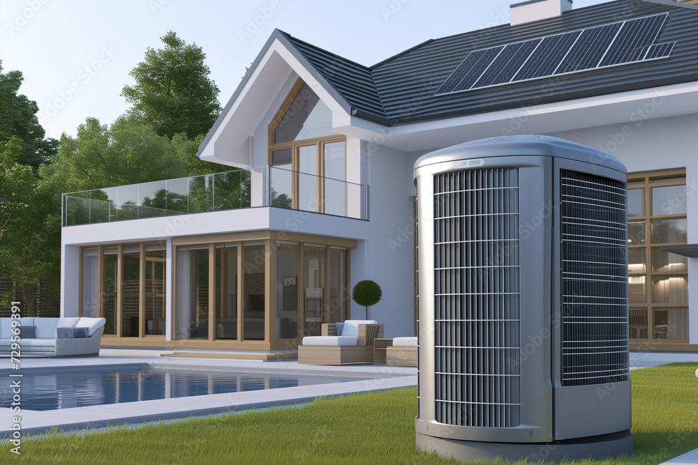 Air heat pump near modern house.AI generated