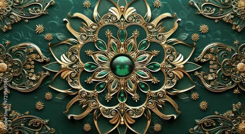 3D wallpaper for ceiling featuring a green and golden mandala decoration model against a decorative frame background.
