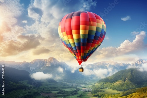 Colorful hot air balloon floating in the clear sky above the mountains, wallpaper background