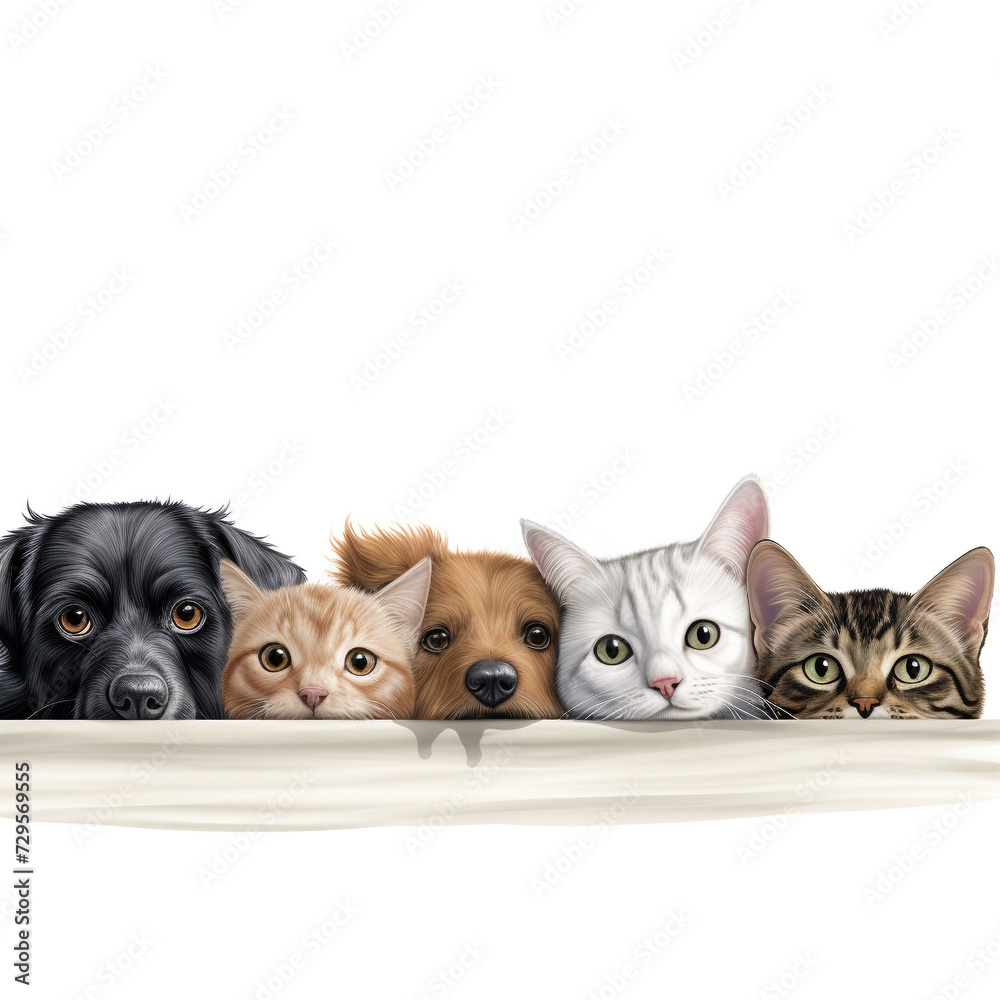 Cats and dogs peeking over white banner background