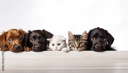 Cats and dogs peeking over white banner background