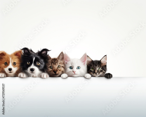 Cats and dogs peeking over white banner background