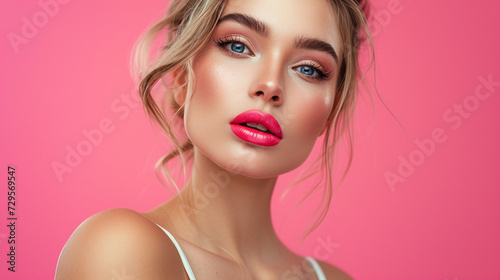 a woman with a pink background and a pink background