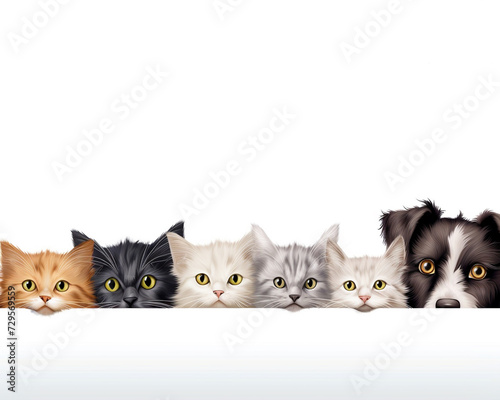 Cats and dogs peeking over white banner background © patternforstock