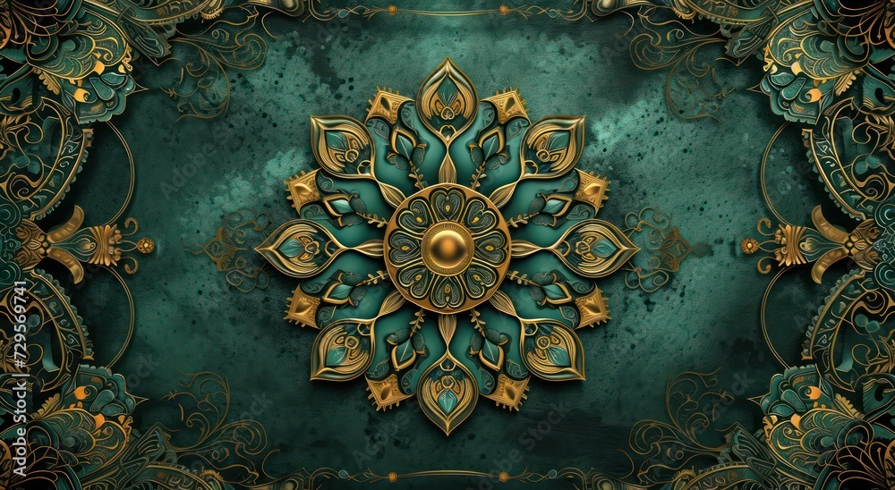 A 3D wallpaper for the ceiling showcasing a green and golden mandala decoration model set against a decorative frame background. A 3D wallpaper for the ceiling showcasing a green and golden mandala decoration model set against a decorative frame background.