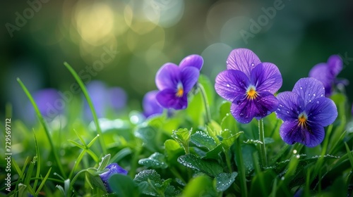 Beautiful image of violets growing in green grass, blurred background with copy space for text. Close up