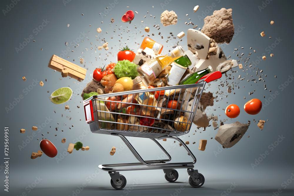 grocery cart with fruits, vegetables and other products from the supermarket flying to the sides on a dark background. food industry - obrazy, fototapety, plakaty 