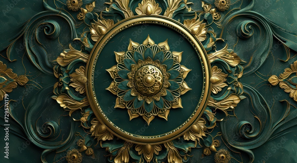 3D wallpaper for ceiling featuring a green and golden mandala decoration model against a decorative frame background.

