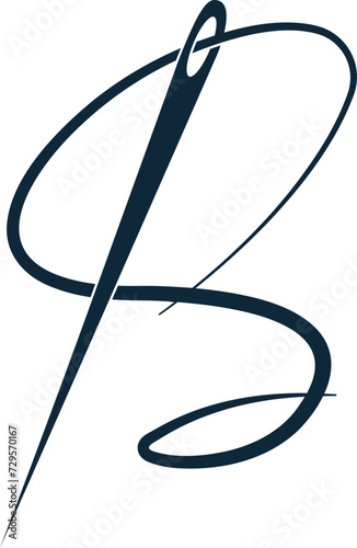 elegant dark blue calligraphy logo design for sewing business, handwriting style, letter b, script font