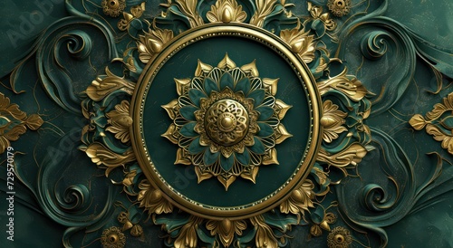 3D wallpaper for ceiling featuring a green and golden mandala decoration model against a decorative frame background. 