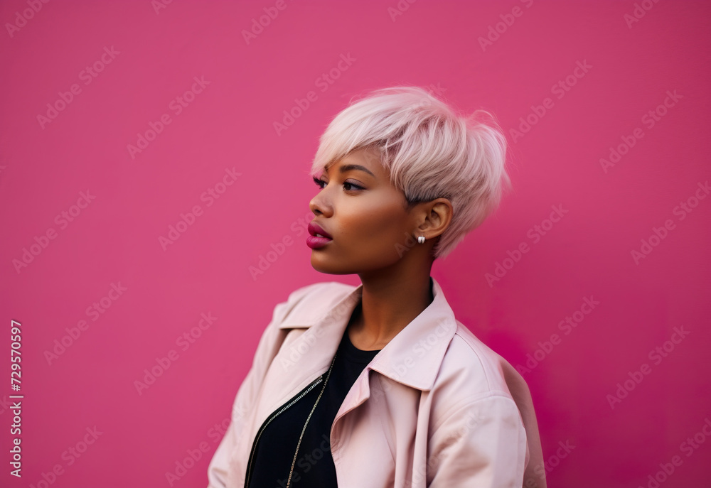 close-up african american girl in profile with fashionable short hair posing on pink background close-up african american girl in profile with fashionable short hair posing on pink background